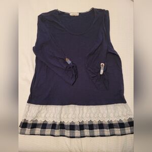 Navy Blue Women's Top with Lace Hem
